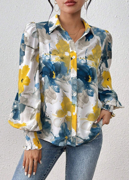Blouses Blue Spring Button Unique Cotton Print FashionChic