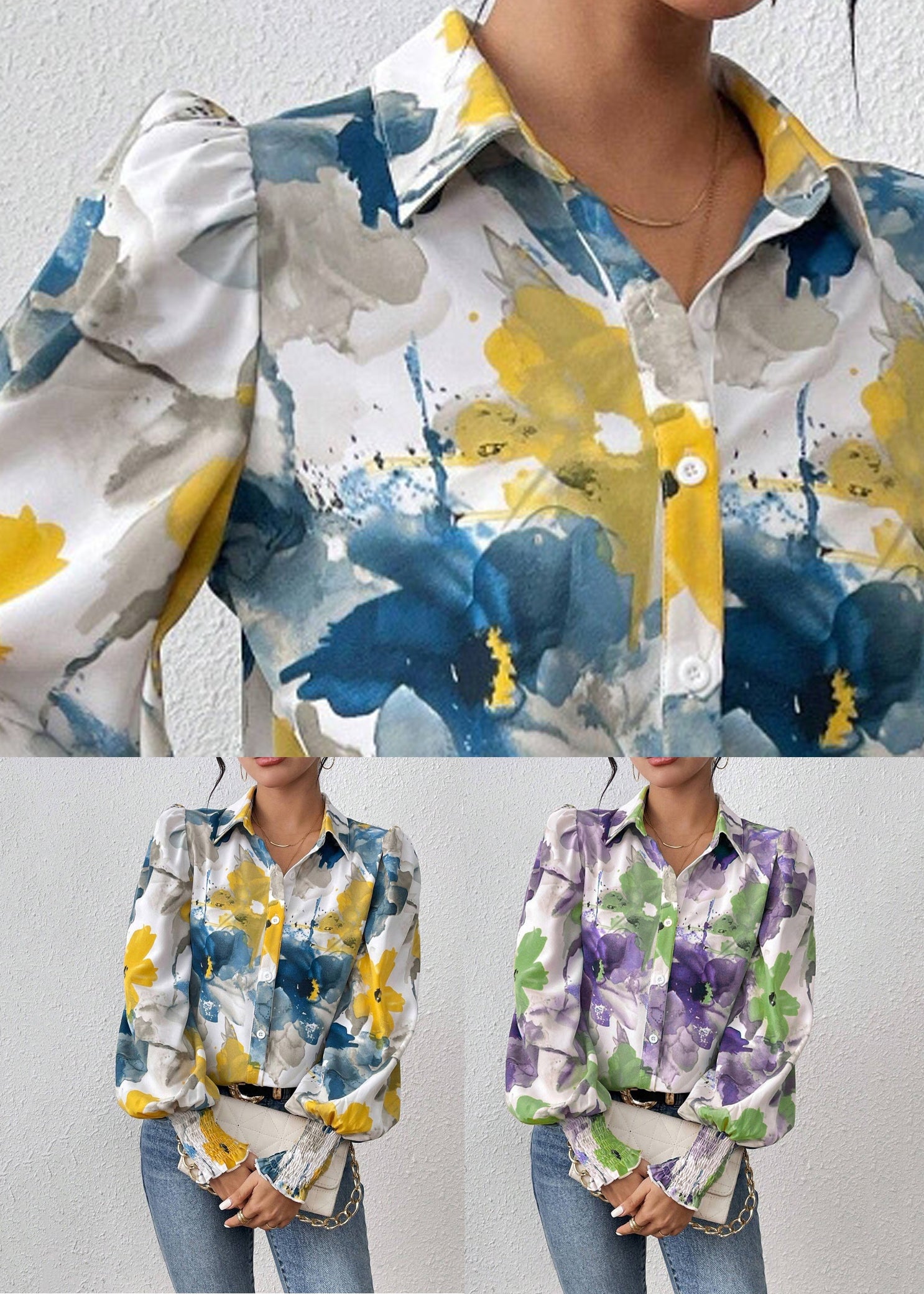 Blouses Blue Spring Button Unique Cotton Print FashionChic