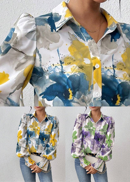 Blouses Blue Spring Button Unique Cotton Print FashionChic