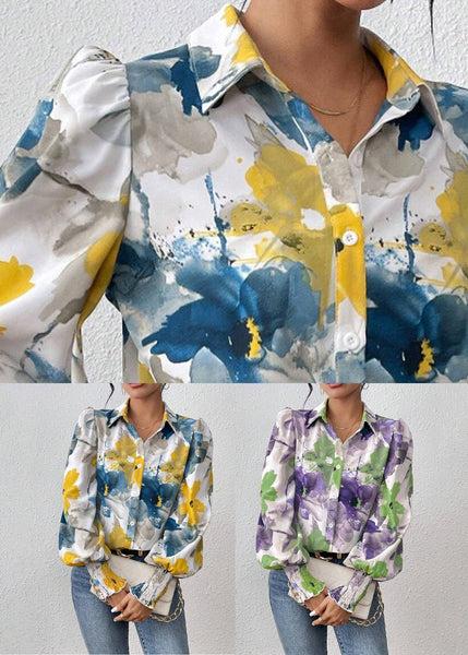 Blouses Print Cotton Blue Unique Spring Button FashionChic