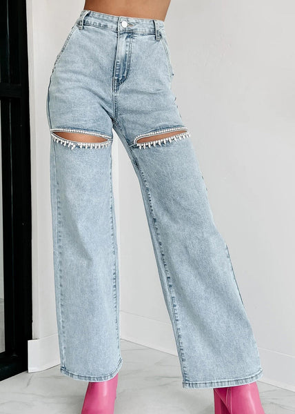 Blue Summer High Unique Straight Pockets Jeans Hole Waist FashionChic