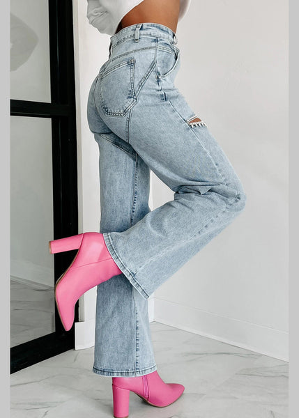 Blue Summer High Unique Straight Pockets Jeans Hole Waist FashionChic