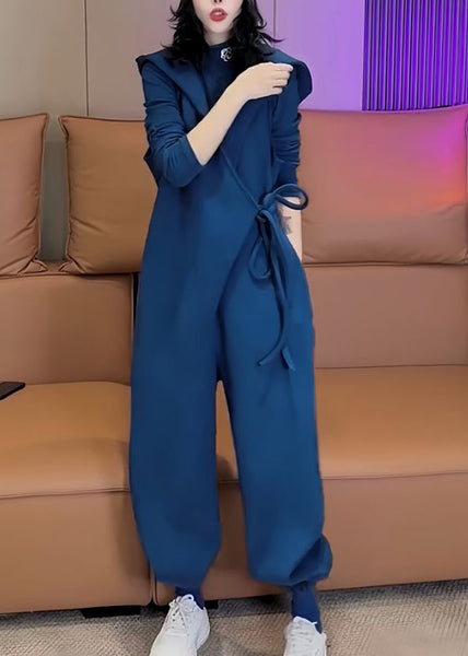 Unique Blue Hooded Lace Up Warm Fleece Jumpsuit Spring YY037 ABC