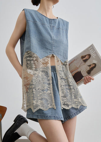 Two O Unique Pieces Blue Denim Lace Set Patchwork Neck Summer FashionChic
