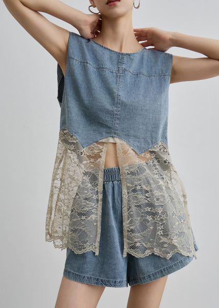 Two O Unique Pieces Blue Denim Lace Set Patchwork Neck Summer FashionChic