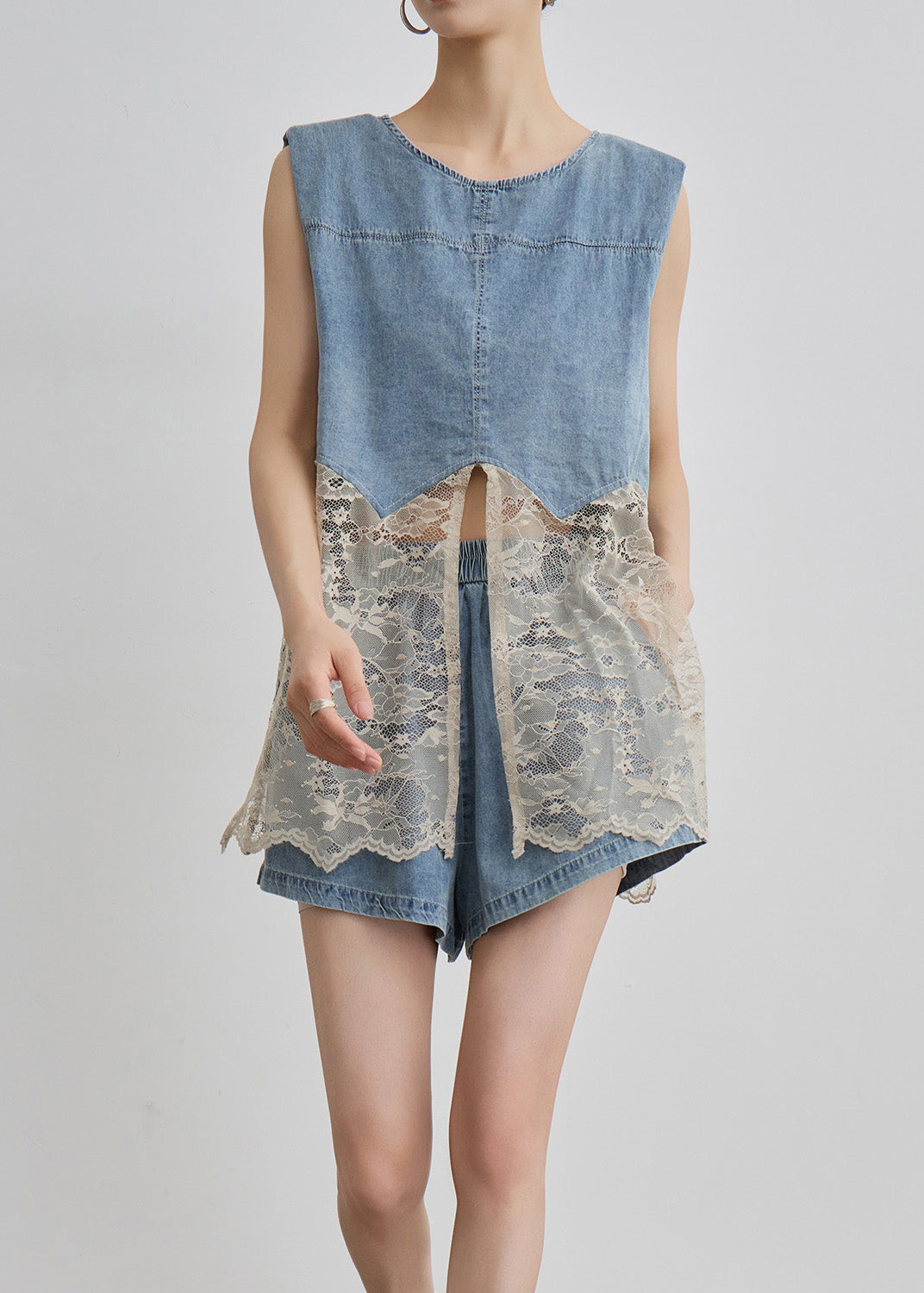 Two O Unique Pieces Blue Denim Lace Set Patchwork Neck Summer FashionChic