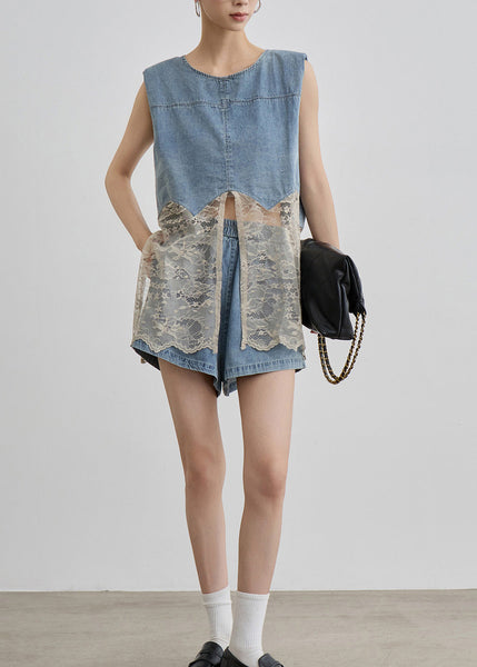Two O Unique Pieces Blue Denim Lace Set Patchwork Neck Summer FashionChic