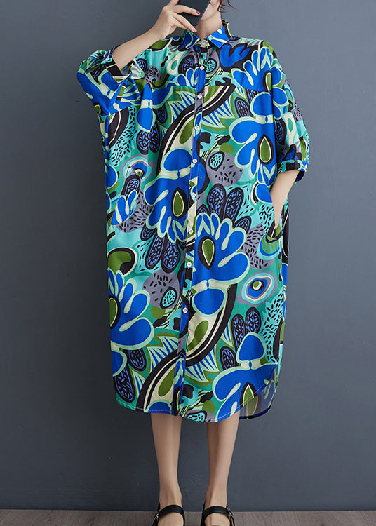 Unique Blue Peter Pan Collar Print Cotton Shirts Dresses Summer AP039 GK-SDL240718