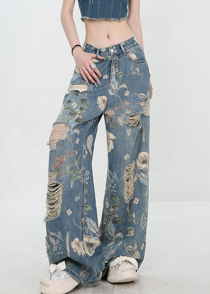 Unique Blue Print Hole High Waist Denim Pants Summer UY003 NZ-LPTS240805
