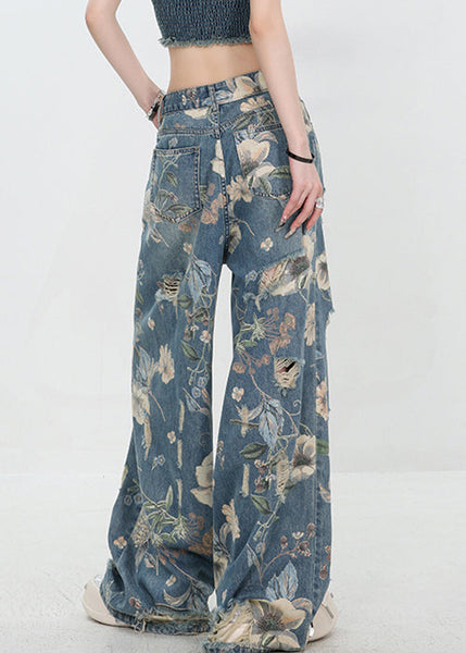Unique Blue Print Hole High Waist Denim Pants Summer UY003 NZ-LPTS240805