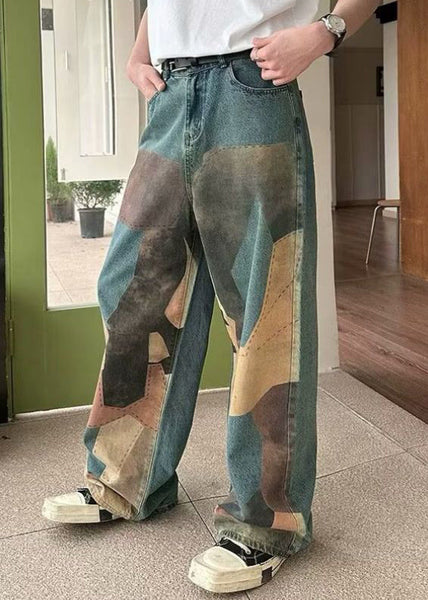 Wide Pockets Waist High Men Denim Print Blue Leg Unique Pants FashionChic