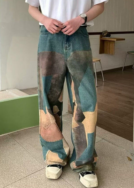 Wide Pockets Waist High Men Denim Print Blue Leg Unique Pants FashionChic