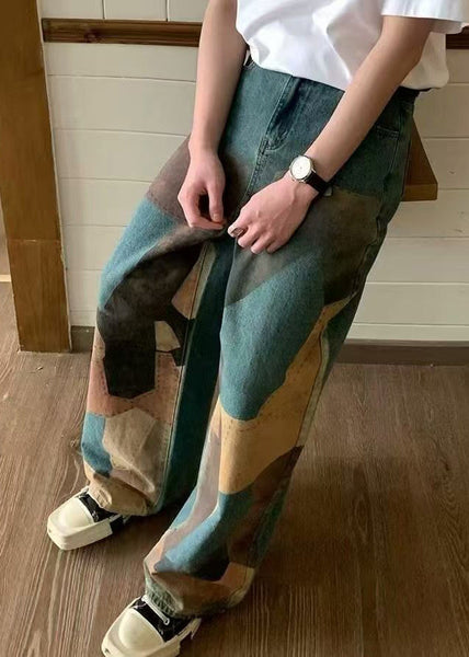 Wide Pockets Waist High Men Denim Print Blue Leg Unique Pants FashionChic