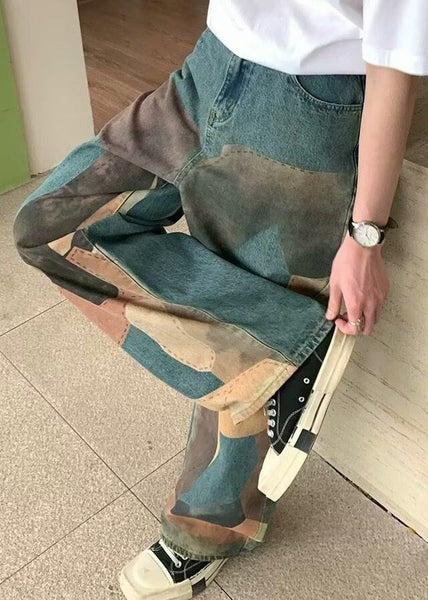 Wide Pockets Waist High Men Denim Print Blue Leg Unique Pants FashionChic