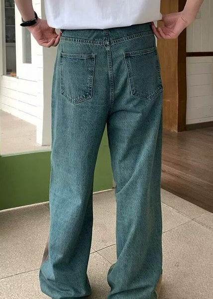 Wide Pockets Waist High Men Denim Print Blue Leg Unique Pants FashionChic