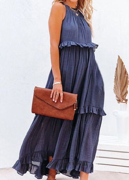 Unique Blue Ruffled Patchwork Holida Long Dress Summer VB1038 Ada Fashion