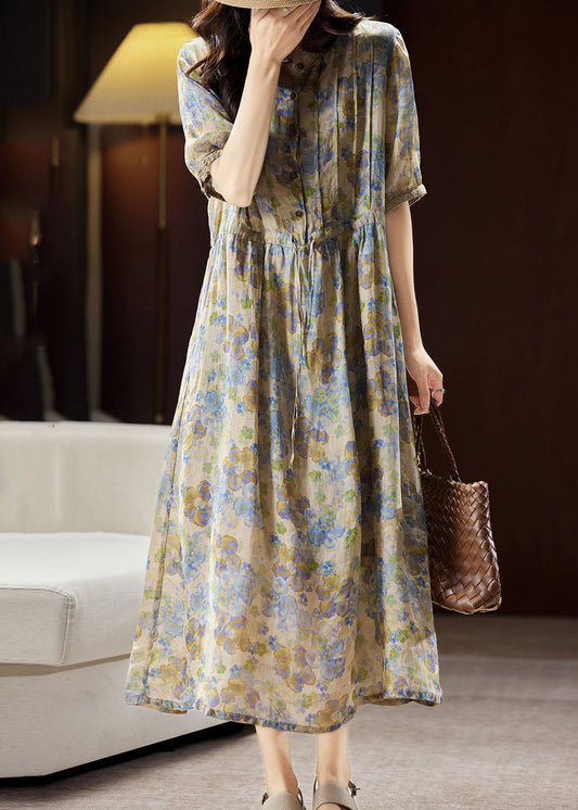 Unique Blue Stand Collar Print Button Linen Maxi Dresses Summer WW035 OL-SDL240812