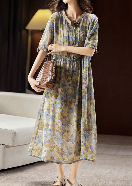 Unique Blue Stand Collar Print Button Linen Maxi Dresses Summer WW035 OL-SDL240812