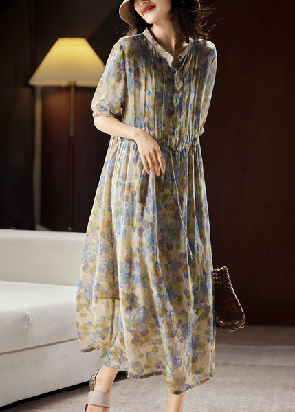 Unique Blue Stand Collar Print Button Linen Maxi Dresses Summer WW035 OL-SDL240812