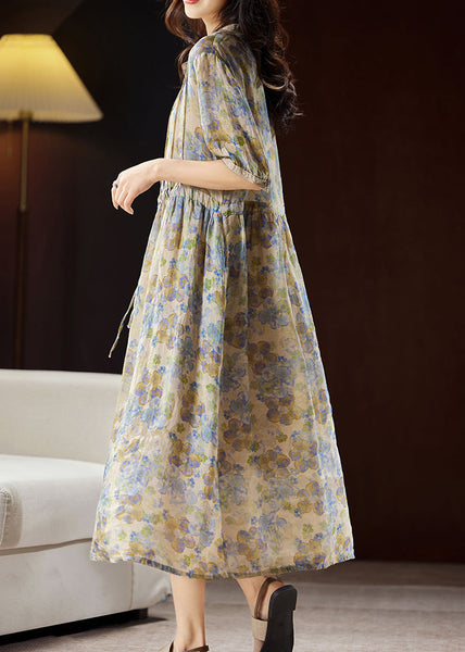 Unique Blue Stand Collar Print Button Linen Maxi Dresses Summer WW035 OL-SDL240812
