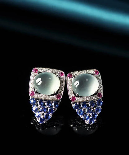 Unique Blue Sterling Silver Inlaid Zircon Gem Stone Stud Earrings AC1032 Genistyle Shop