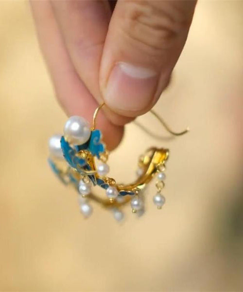 Unique Blue Sterling Silver Overgild Enamel Pearl Tassel Hoop Earrings GH1074 Ada Fashion