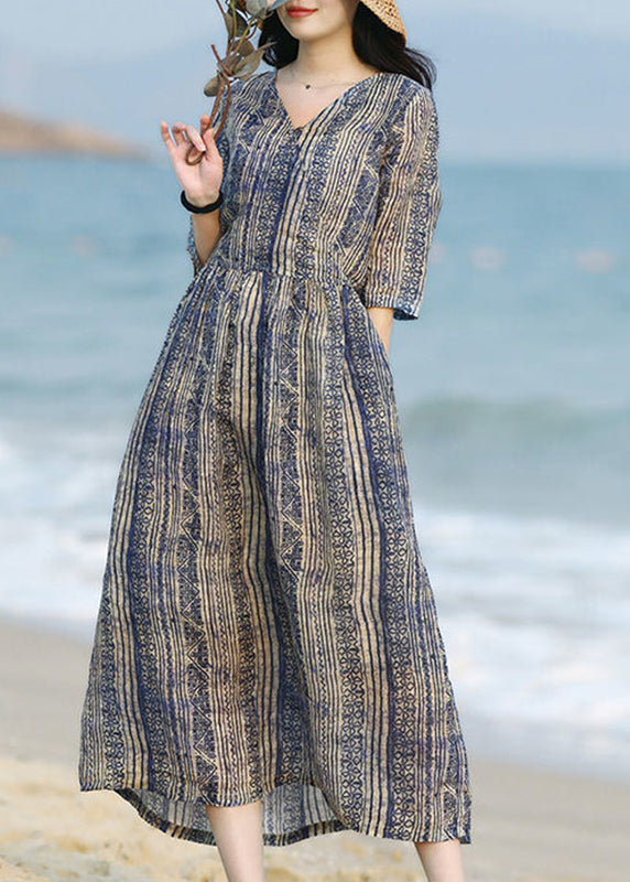 Unique Blue V Neck Print Pockets Cotton Long Dresses Summer LK014 GK-SDL240710