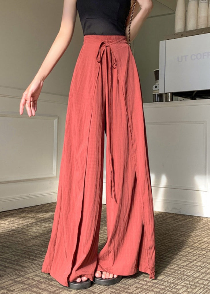 Unique Brick Red Asymmetrical Lace Up Linen Silk Pants Spring YY001 OL-LPTS2408-16