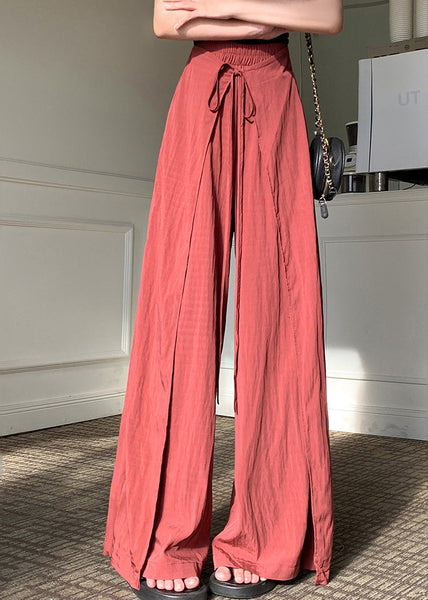 Unique Brick Red Asymmetrical Lace Up Linen Silk Pants Spring YY001 OL-LPTS2408-16