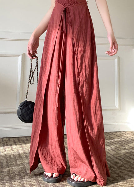 Unique Brick Red Asymmetrical Lace Up Linen Silk Pants Spring YY001 OL-LPTS2408-16