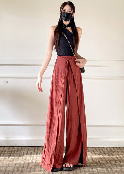 Unique Brick Red Asymmetrical Lace Up Linen Silk Pants Spring YY001 OL-LPTS2408-16