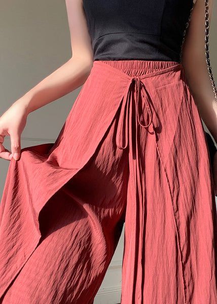 Unique Brick Red Asymmetrical Lace Up Linen Silk Pants Spring YY001 OL-LPTS2408-16