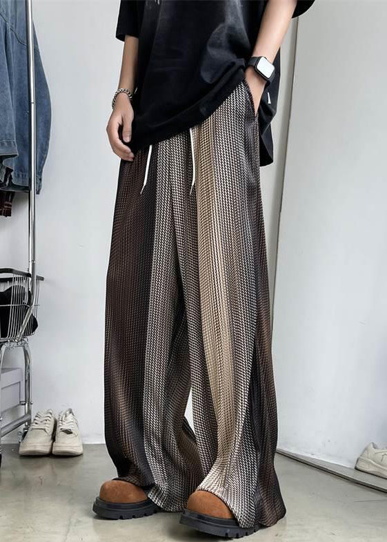 Men Elastic Patchwork Ice Unique Brown Waist Wide Leg Silk Pants FashionChic