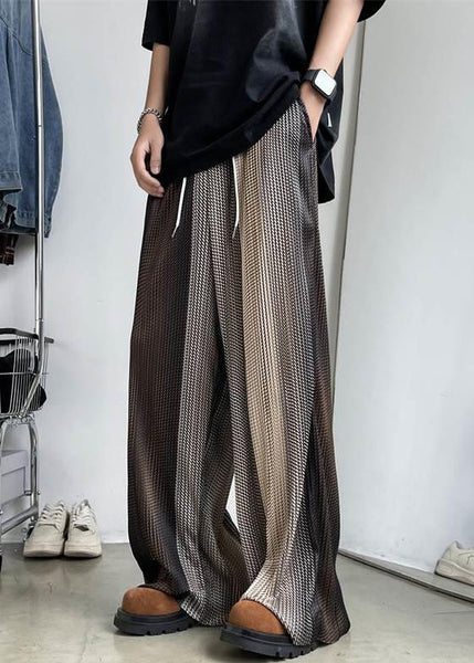 Men Elastic Patchwork Ice Unique Brown Waist Wide Leg Silk Pants FashionChic