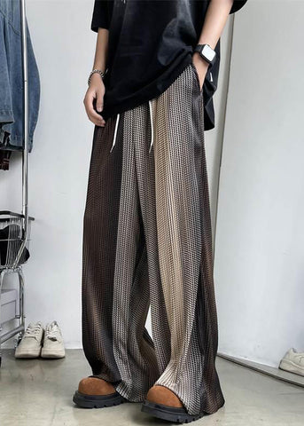 Men Elastic Patchwork Ice Unique Brown Waist Wide Leg Silk Pants FashionChic