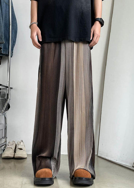 Men Elastic Patchwork Ice Unique Brown Waist Wide Leg Silk Pants FashionChic