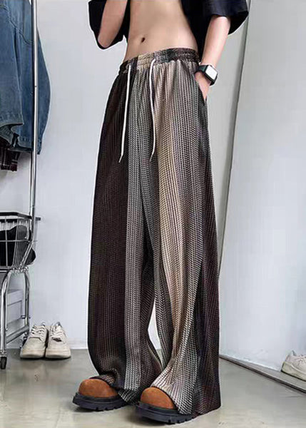 Men Elastic Patchwork Ice Unique Brown Waist Wide Leg Silk Pants FashionChic