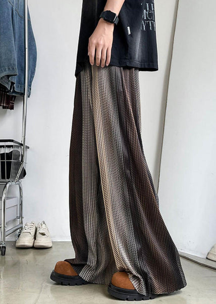 Men Elastic Patchwork Ice Unique Brown Waist Wide Leg Silk Pants FashionChic