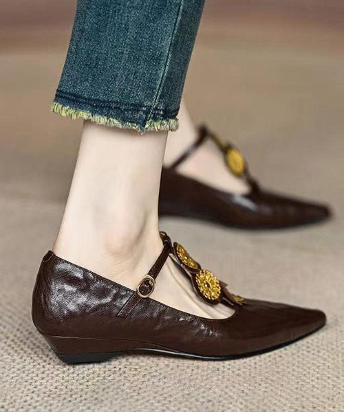 Unique Brown Wedge Heels Pointed Toe Buckle Strap DD1046 Shoe-PG240605