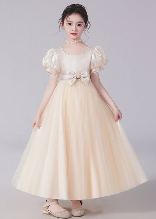 Unique Champagne Bow Nail bead Tulle Girls Long Dresses Short Sleeve XZ025 SDGL240618