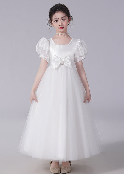 Unique Champagne Bow Nail bead Tulle Girls Long Dresses Short Sleeve XZ025 SDGL240618