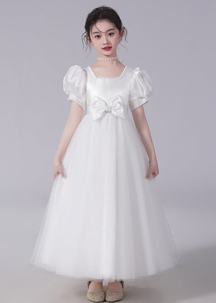 Unique Champagne Bow Nail bead Tulle Girls Long Dresses Short Sleeve XZ025 SDGL240618