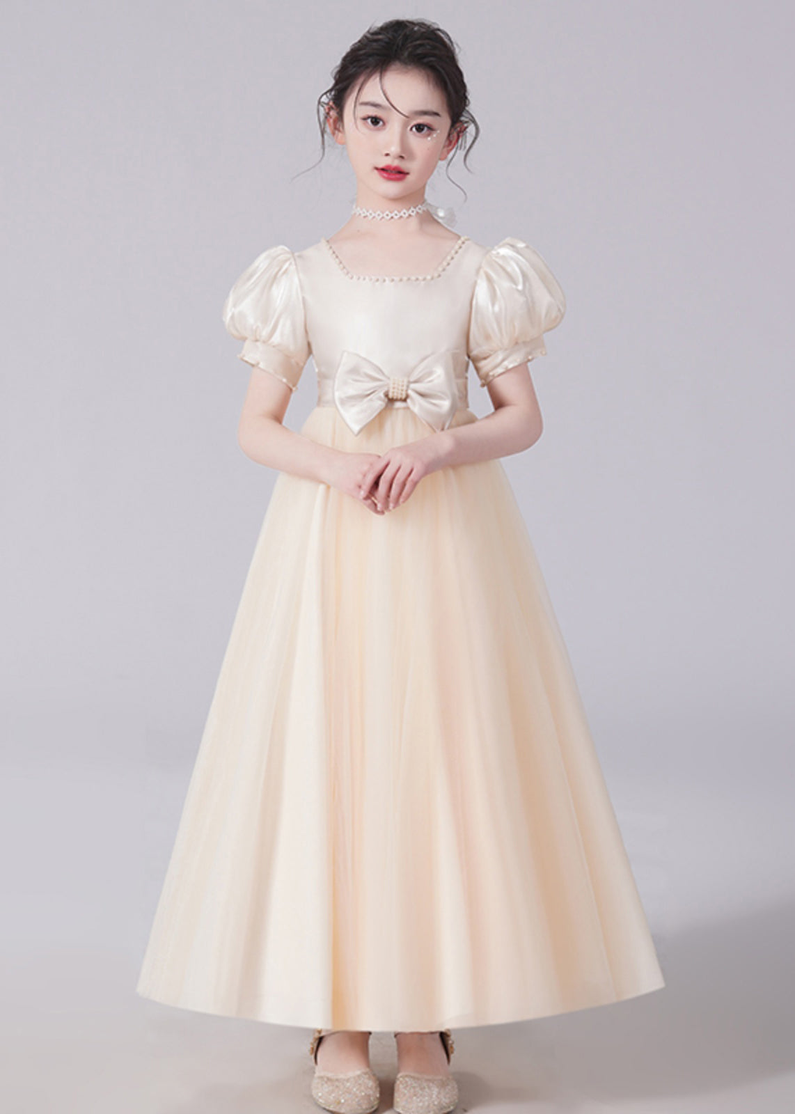 Unique Champagne Bow Nail bead Tulle Girls Long Dresses Short Sleeve XZ025 SDGL240618