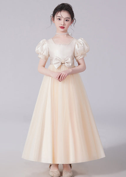 Unique Champagne Bow Nail bead Tulle Girls Long Dresses Short Sleeve XZ025 SDGL240618