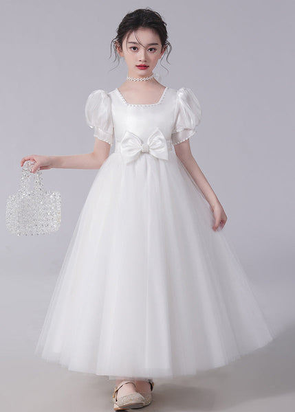 Unique Champagne Bow Nail bead Tulle Girls Long Dresses Short Sleeve XZ025 SDGL240618