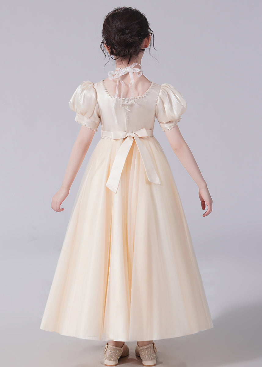 Unique Champagne Bow Nail bead Tulle Girls Long Dresses Short Sleeve XZ025 SDGL240618