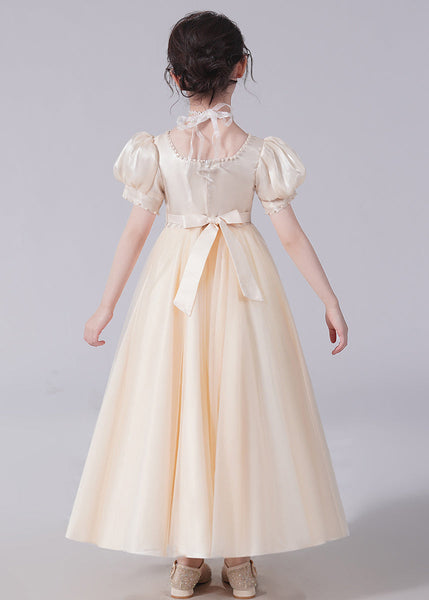 Unique Champagne Bow Nail bead Tulle Girls Long Dresses Short Sleeve XZ025 SDGL240618