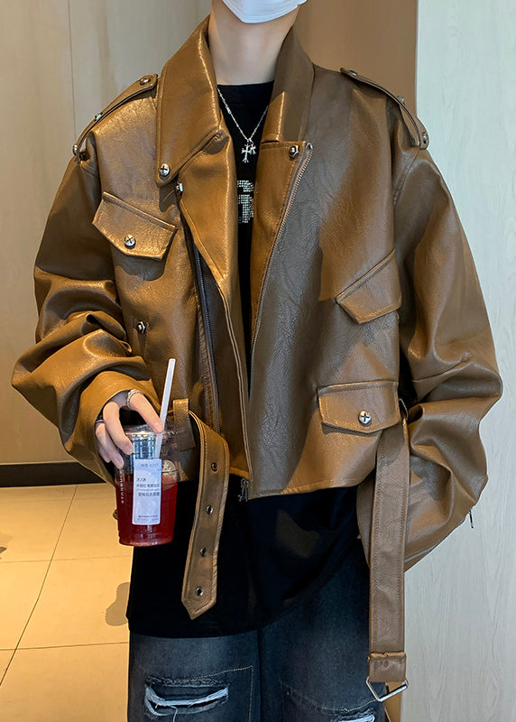 Unique Coffee Nail Bead Original Design Faux Leather Men Coat Spring RN026 ABC