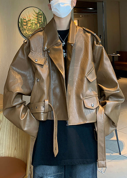 Unique Coffee Nail Bead Original Design Faux Leather Men Coat Spring RN026 ABC