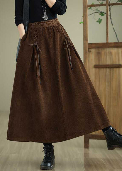 Unique Coffee Pockets Lace Up Elastic Waist Corduroy Skirt Spring TH049